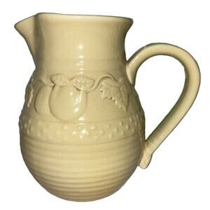 Stoneware Embossed Fruit Pitcher 7" Rustic Farmhouse Beige Cream Vintage